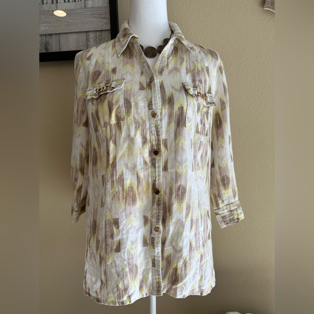 JM Collection Women's Brown Yellow Geometric Print Button Up 100% Linen - 10P